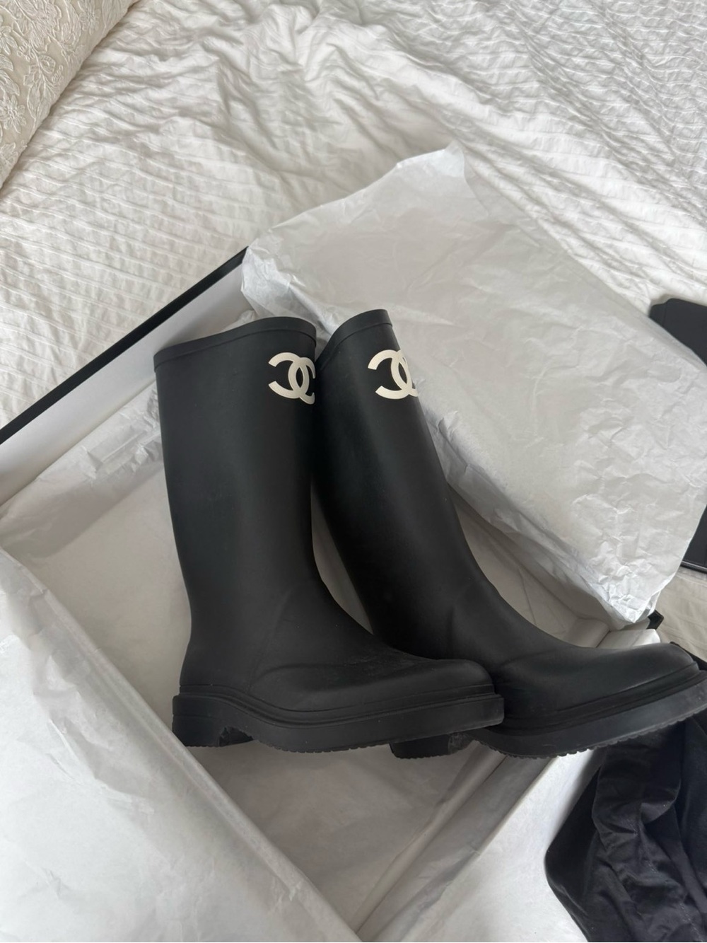 CHANEL Black Rubber Boots with White CC Emblem - Picture 2 of 6